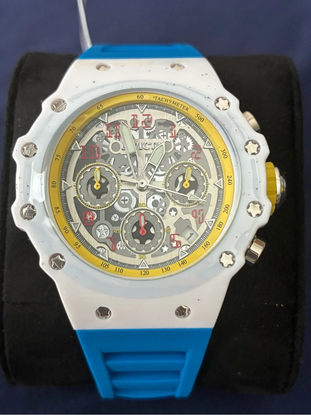 Invicta White Case Watch with Bright Blue Strap and Yellow Crown